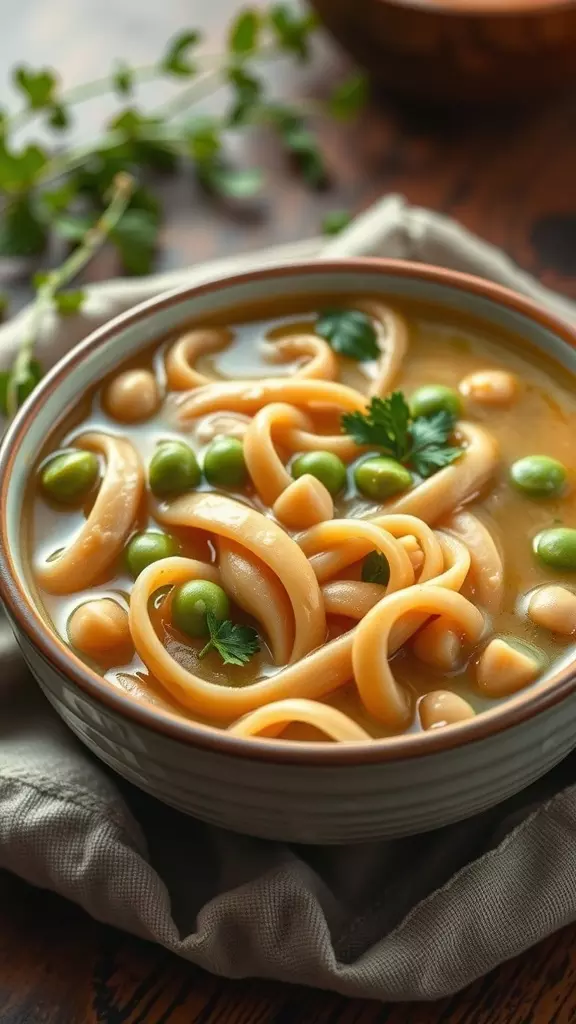 A bowl of creamy split pea noodle soup garnished with green peas and parsley.