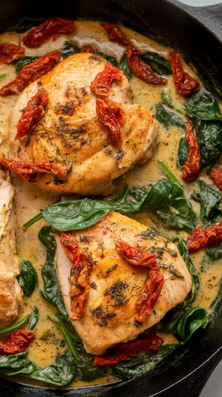 Creamy Tuscan chicken with spinach and sun-dried tomatoes in a creamy sauce.