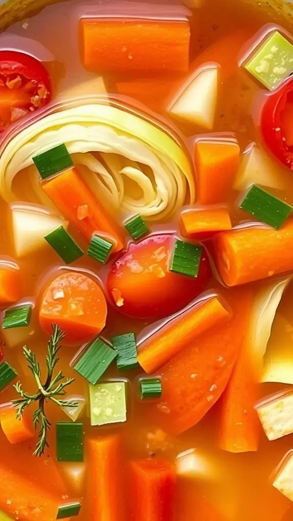 A close-up of colorful vegetable soup with carrots, cabbage, and tomatoes.