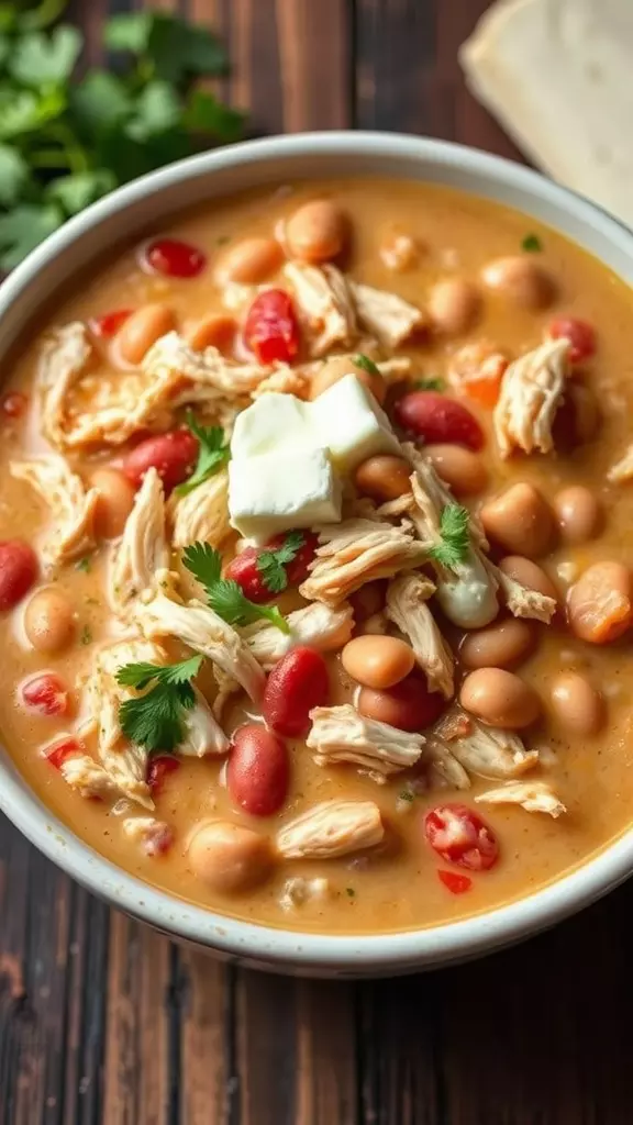 A bowl of creamy chicken chili with beans, topped with herbs and butter.