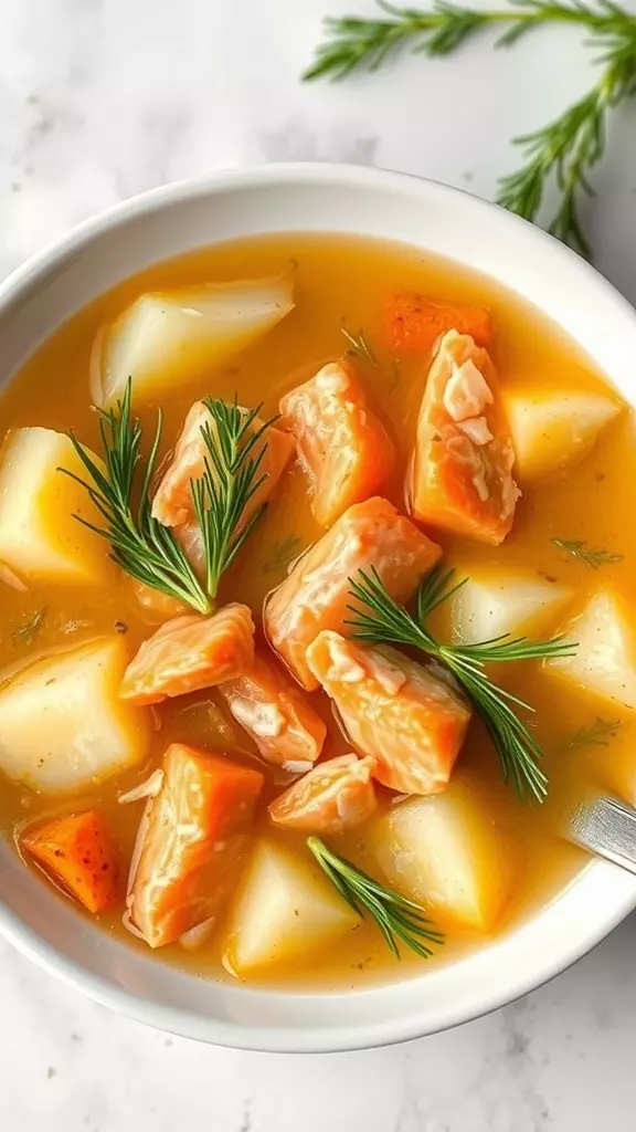 Bowl of salmon potato soup garnished with fresh herbs