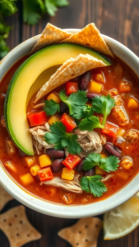 A bowl of chicken tortilla soup topped with avocado slices, tortilla strips, and fresh herbs.