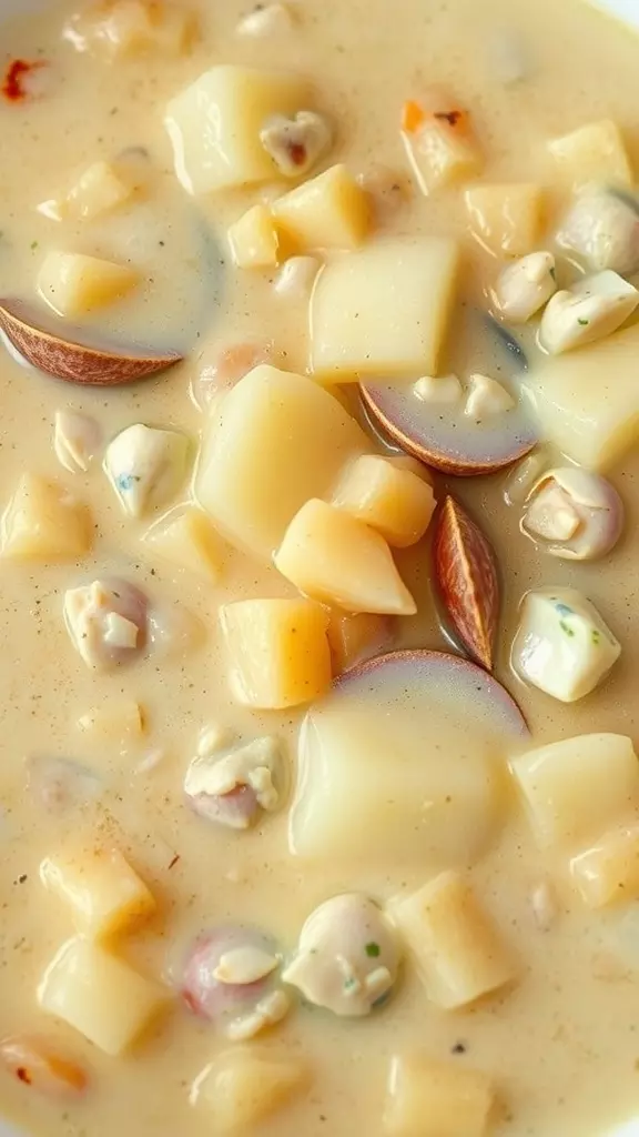 A close-up of creamy clam chowder with potatoes and clams.