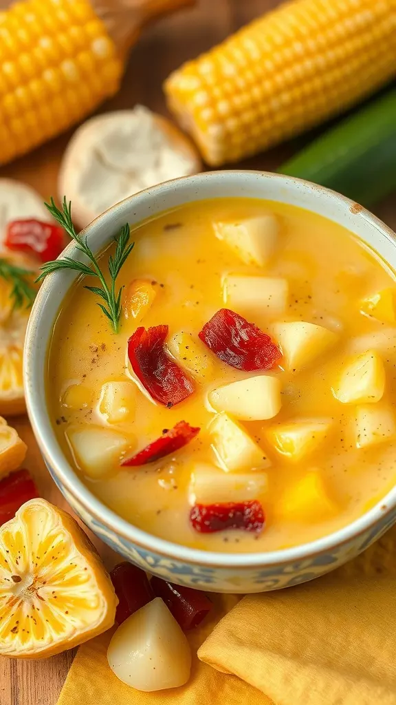 Bowl of corn chowder with potatoes and bacon, surrounded by fresh ingredients.