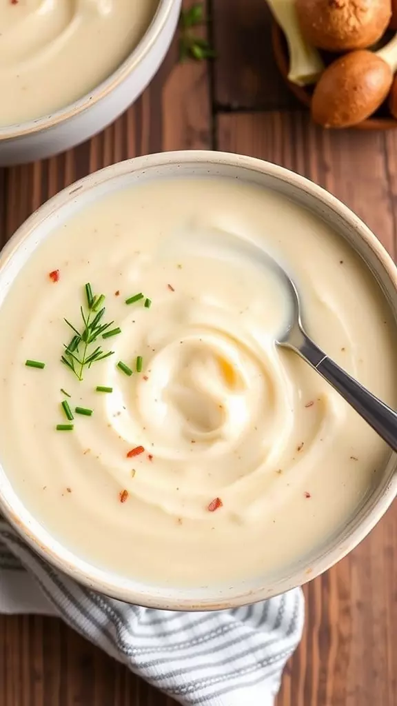 A bowl of creamy baked potato soup garnished with green onions and surrounded by cauliflower and cheese.