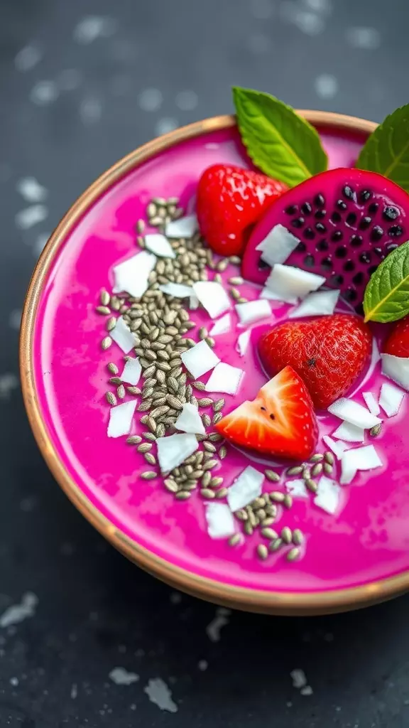 A colorful dragon fruit smoothie bowl topped with strawberries, coconut flakes, and seeds