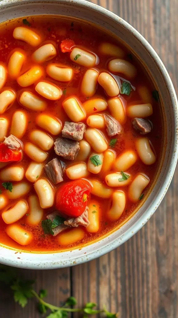 A bowl of hearty 15 bean soup with chunks of meat and vegetables