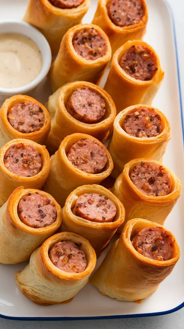 Delicious breakfast sausage roll-ups served on a plate.