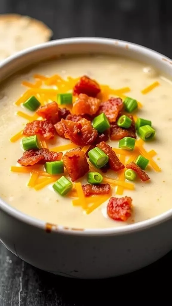 A bowl of loaded baked potato soup topped with cheese, bacon, and green onions.