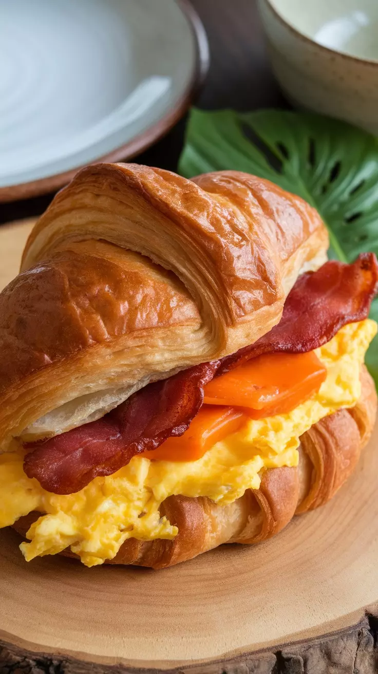 A delicious Egg & Bacon Croissant Bake, featuring croissants stuffed with scrambled eggs, cheese, and crispy bacon.