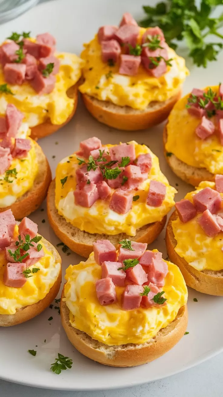 Egg and cheese stuffed bagel bites with diced ham and parsley on top.