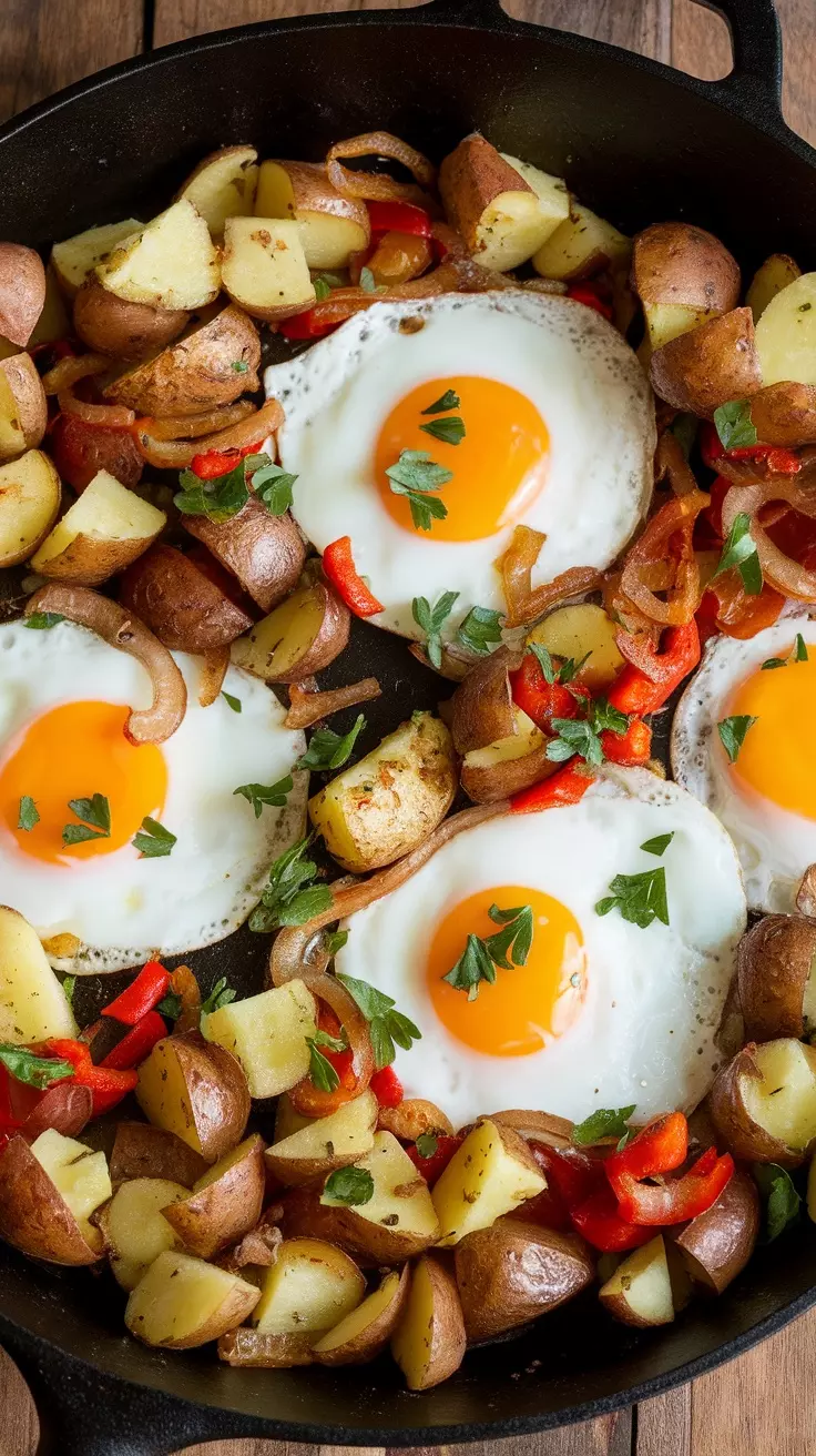 A delicious breakfast hash with eggs, potatoes, and colorful peppers.