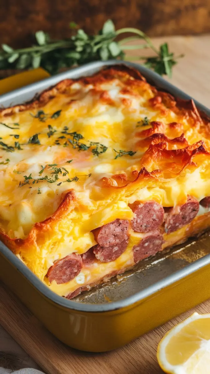 A delicious egg and sausage breakfast bake in a baking dish.