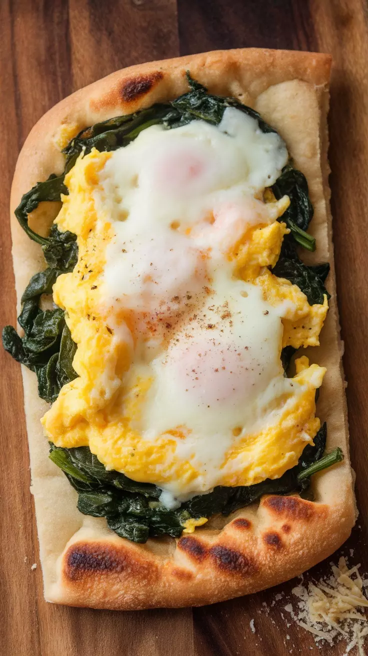 Egg and spinach flatbread topped with scrambled eggs and cheese.