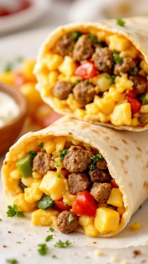 Start your day right with these tasty egg sausage breakfast burritos. Packed with fluffy eggs, savory sausage, and colorful veggies, they’re sure to please everyone at the table. Check out the full recipe here for a delicious morning treat!