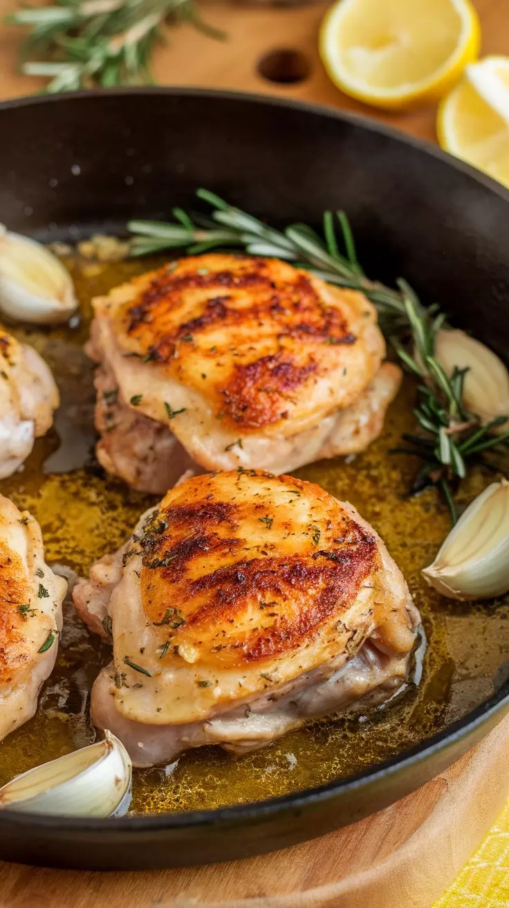 Cooked garlic butter chicken thighs in a skillet with garlic cloves and fresh herbs