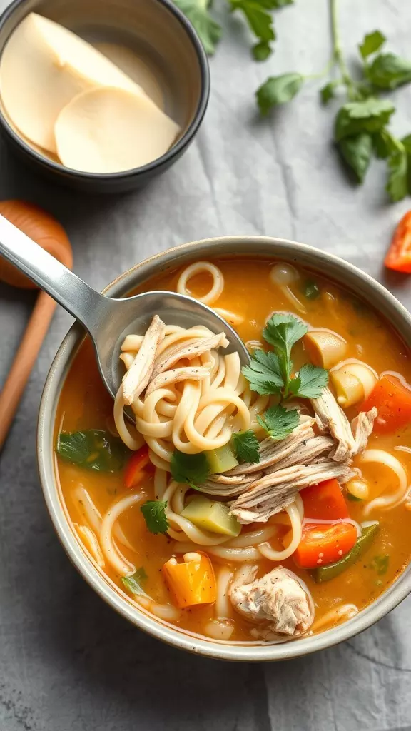 Bowl of gluten-free chicken noodle soup with fresh herbs and vegetables