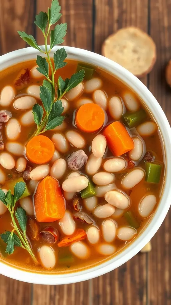 A bowl of Great Northern Bean Soup with vegetables and herbs