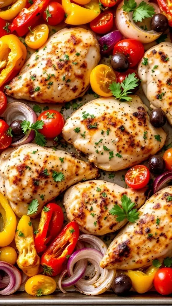 This Greek chicken with roasted vegetables is a dinner win! The juicy chicken pairs perfectly with colorful peppers, cherry tomatoes, and olives, making it a feast for the eyes and taste buds. Check out this simple recipe for a flavorful meal that’s easy to prepare: Sheet Pan Greek Chicken and Vegetables.