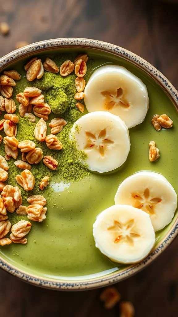 A green tea matcha smoothie bowl topped with banana slices and granola.