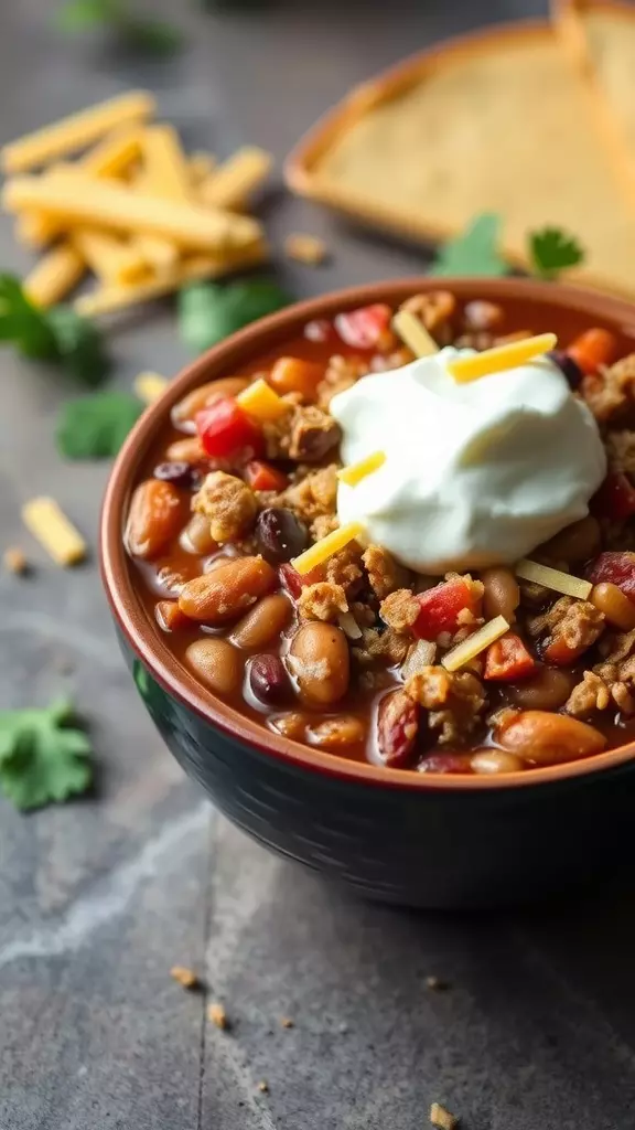 A warm bowl of ground turkey chili topped with cheese and sour cream.