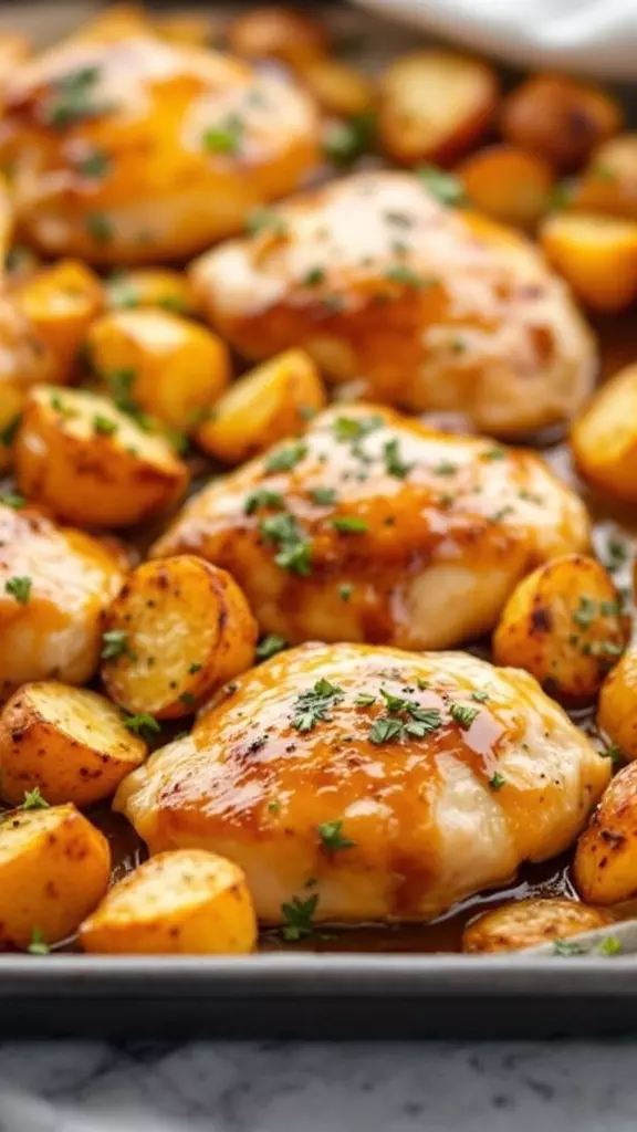 This easy recipe is perfect for a busy weeknight dinner. The sweet and tangy honey mustard glaze makes the chicken thighs incredibly tasty, while the roasted potatoes soak up all the flavors. For the full recipe, check out this link!