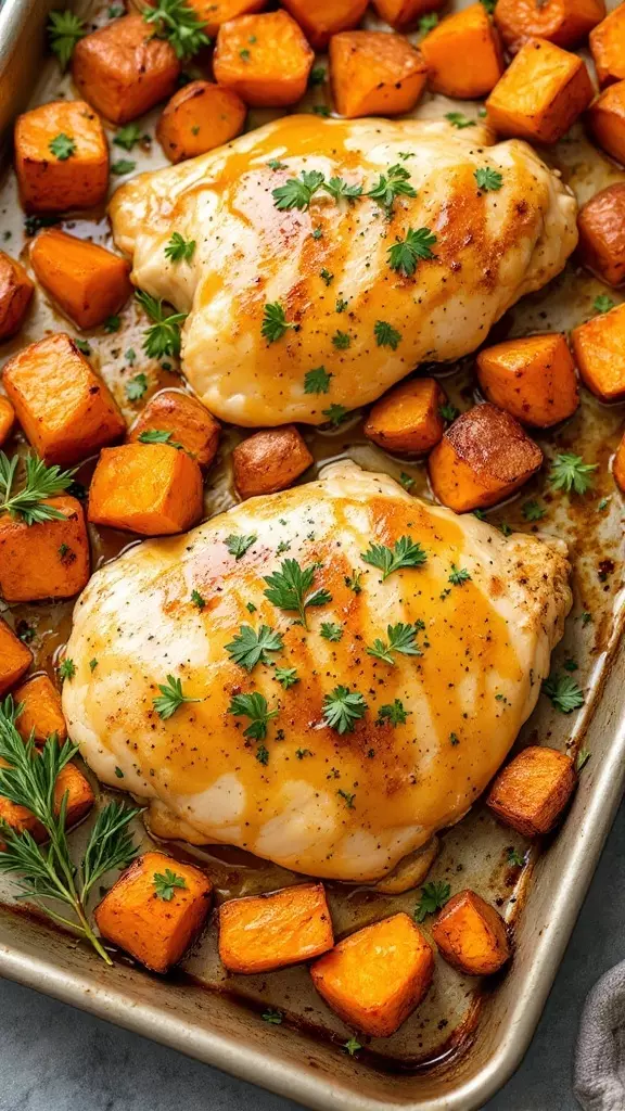 This honey mustard chicken with sweet potatoes is a perfect midweek meal. The juicy chicken pairs wonderfully with the sweet, roasted potatoes, making dinner both tasty and easy. Just pop it in the oven and enjoy a delicious meal without the fuss!