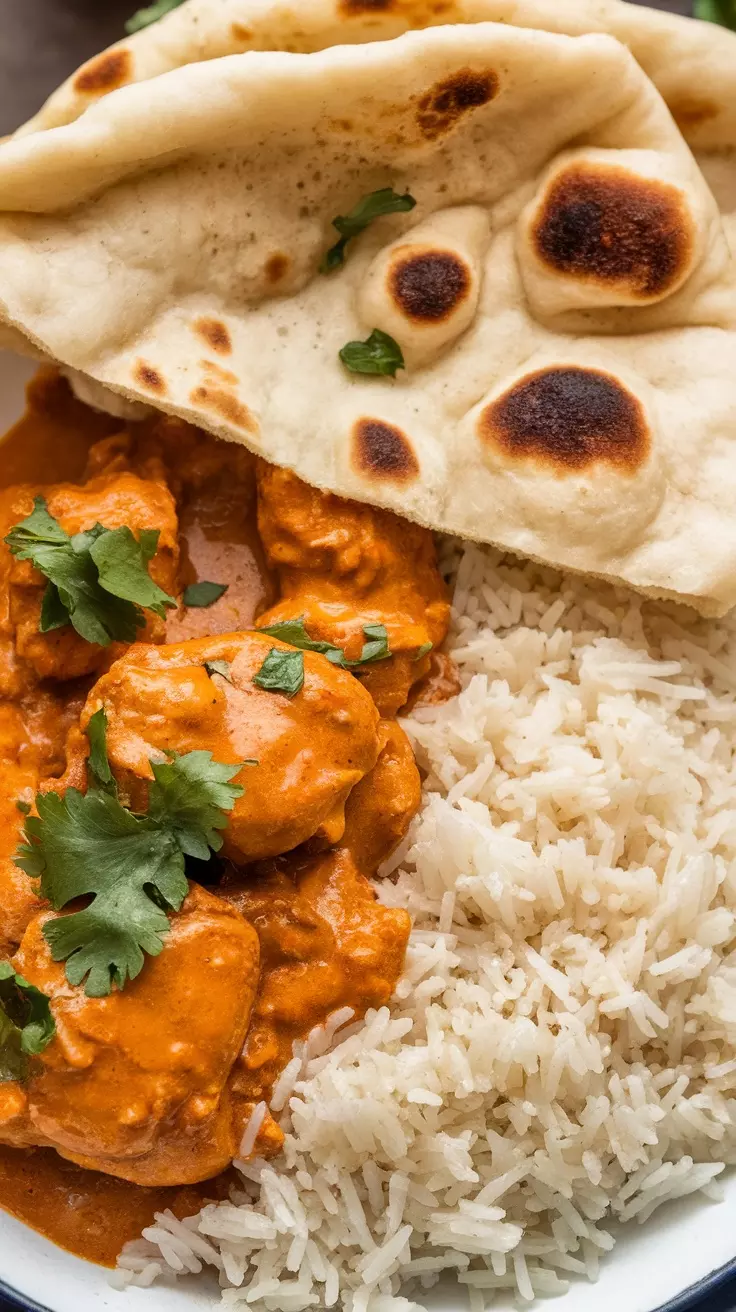 A plate of Indian Butter Chicken served with rice and naan.