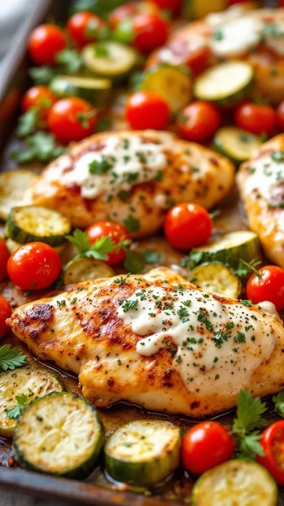 This Italian chicken sheet pan dinner is a breeze to make and bursting with flavor. Juicy chicken breasts, fresh zucchini, and sweet cherry tomatoes come together for a perfect midweek meal. Just toss everything on a tray, season, and let the oven do the work!