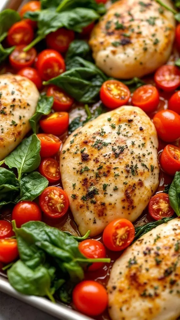 This Italian Herb Chicken with cherry tomatoes and spinach is a simple delight. The juicy chicken pairs perfectly with the sweet tomatoes and fresh spinach, creating a vibrant dish. Try this easy recipe for a quick weeknight dinner that everyone will love!