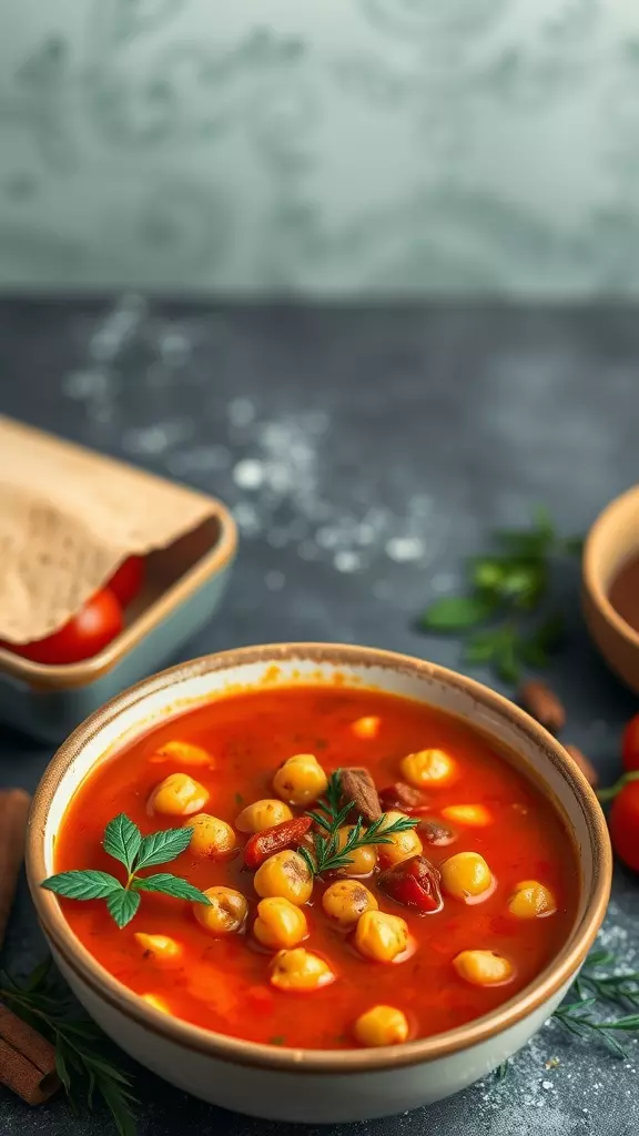 A bowl of Moroccan tomato soup with chickpeas and herbs on top