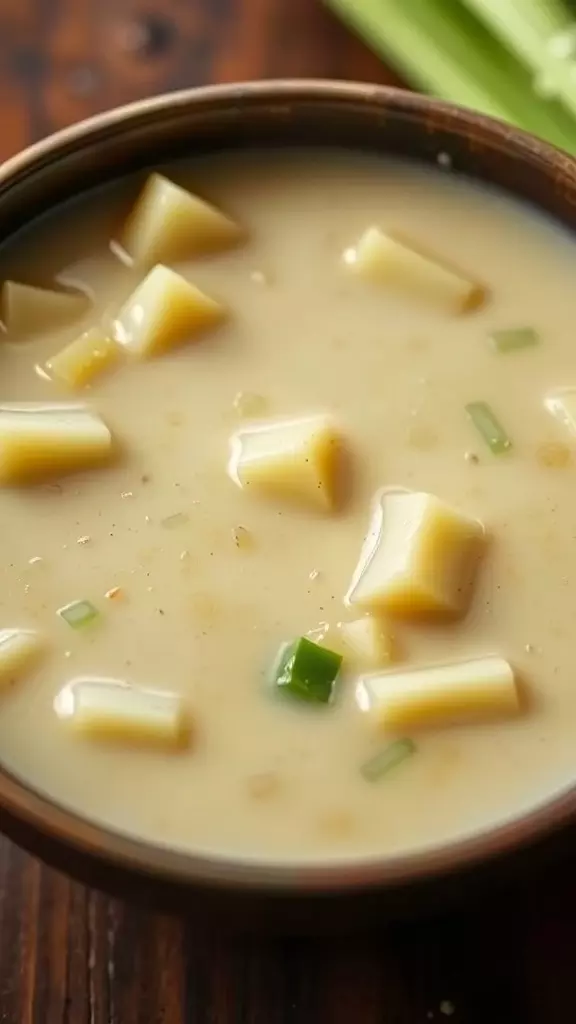 A bowl of leek and potato soup with chunks of potatoes and green garnishes.