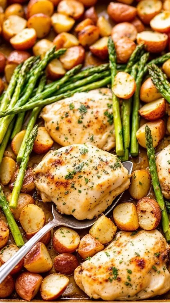 This recipe brings together juicy lemon herb chicken thighs, tender asparagus, and roasted potatoes for a simple, satisfying meal. Everything cooks on one sheet pan, making cleanup a breeze. Check out the full recipe for these delicious Lemon Herb Chicken Thighs and enjoy a delightful dinner with minimal effort!