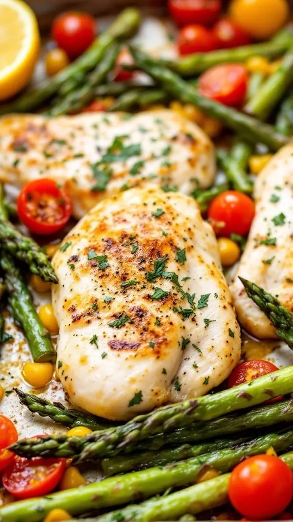 Weeknights can be a breeze with this Lemon Herb Chicken dish. Juicy chicken breasts roast perfectly alongside fresh asparagus and vibrant cherry tomatoes. For the full recipe, check out this easy sheet pan meal that brings bright flavors to your table in no time!