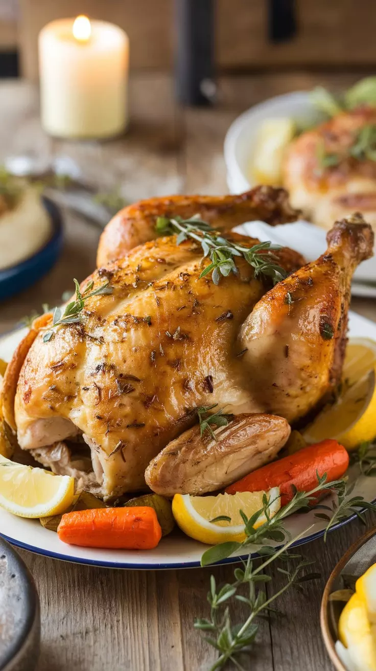 A beautifully roasted chicken garnished with lemon slices and fresh herbs on a plate.