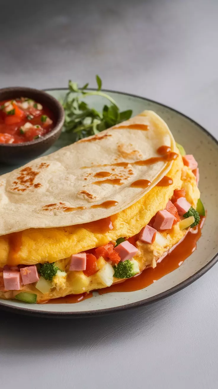 A hearty breakfast omelette wrap filled with eggs, vegetables, and ham, served with salsa.