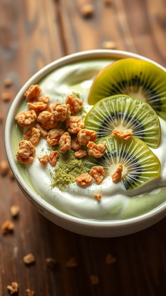 A vibrant matcha yogurt bowl with kiwi slices and granola