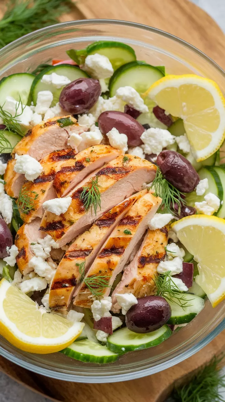 A bowl of Mediterranean chicken salad with grilled chicken, cucumbers, olives, feta cheese, and lemon slices.