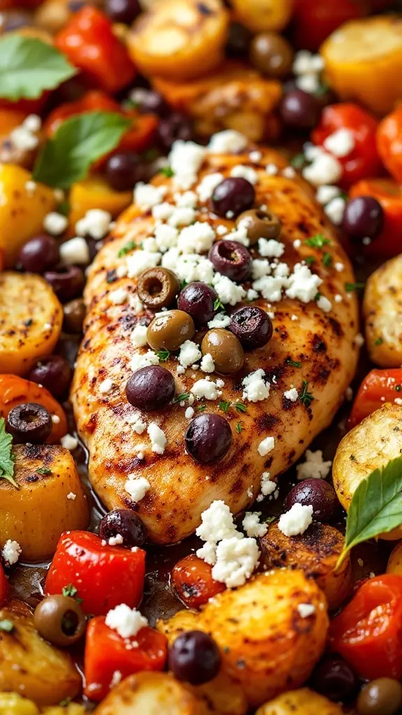 This Mediterranean chicken dish is perfect for a quick weeknight meal. Juicy chicken breasts are roasted with olives, feta cheese, and colorful veggies, creating a tasty one-pan feast. Serve it with some crusty bread, and you’ll have a delightful dinner in no time!