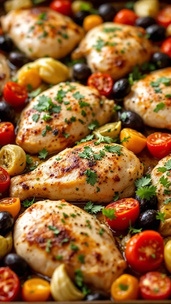 This Mediterranean chicken dish is a tasty way to enjoy fresh flavors with minimal effort. Juicy chicken breasts sit atop a bed of vibrant tomatoes, olives, and artichokes, making for a colorful and satisfying meal. Check out the full recipe for this Mediterranean chicken dish and simplify your dinner routine!