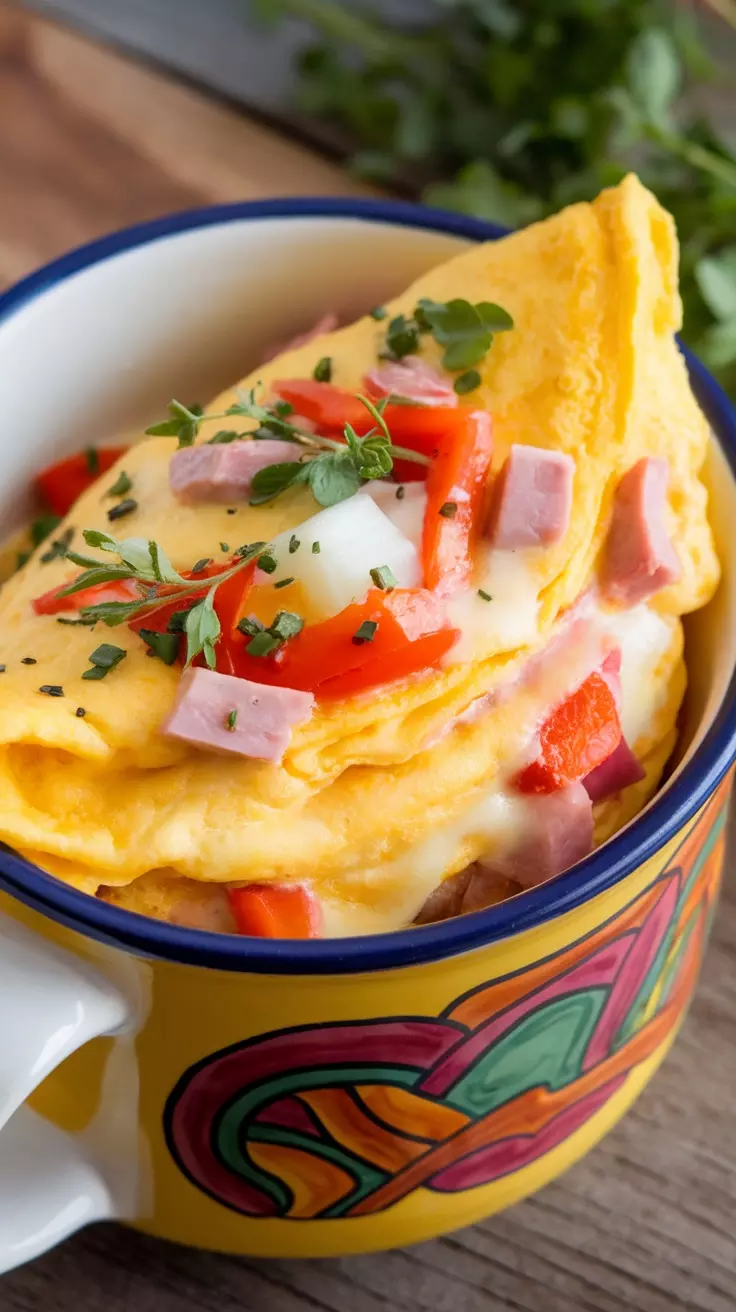 A colorful microwave mug omelette topped with vegetables and cheese.