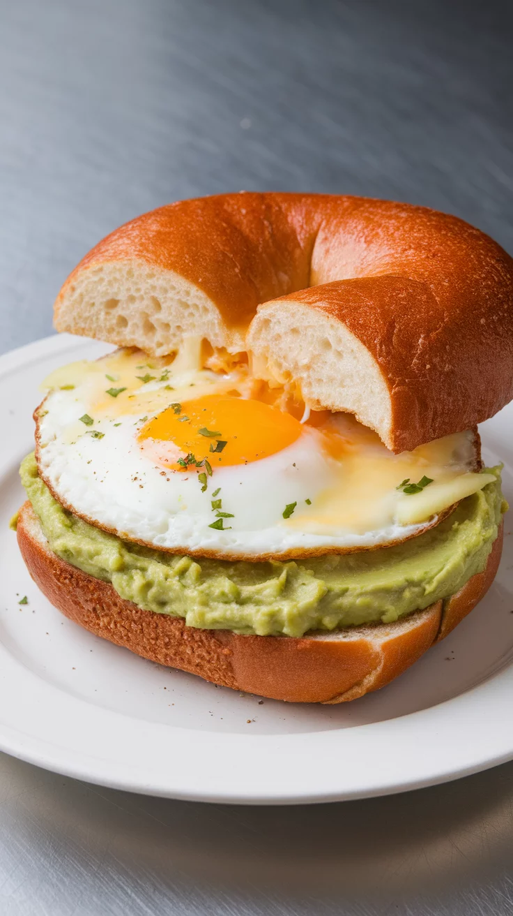 A delicious egg and cheese bagel sandwich, showcasing layers of egg, cheese, and a toasted bagel.