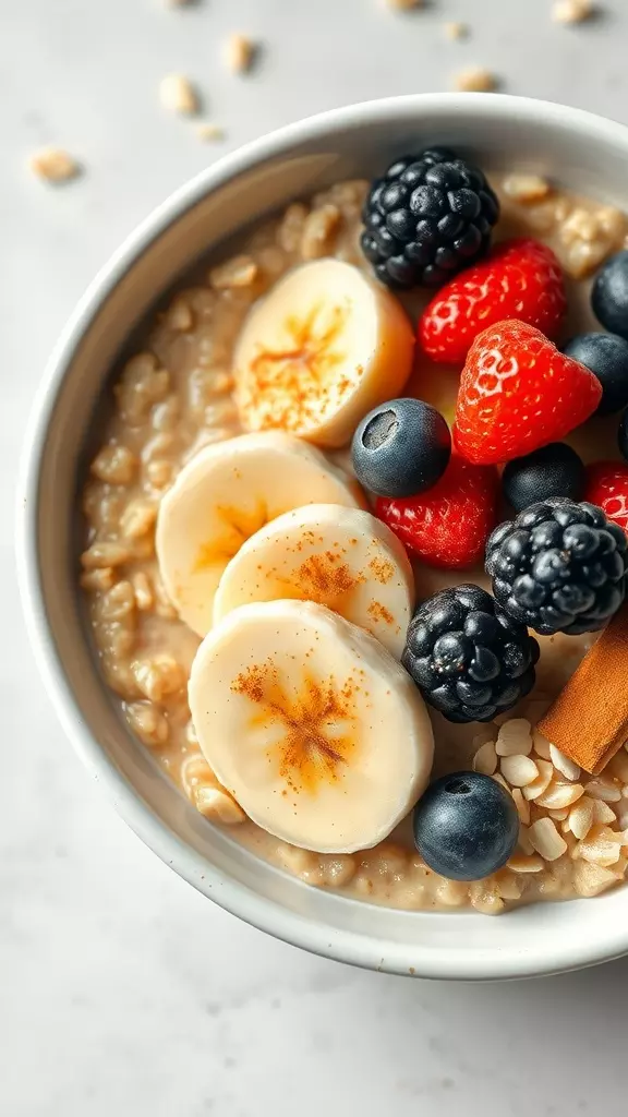 A bowl of oatmeal topped with banana slices, berries, and cinnamon.