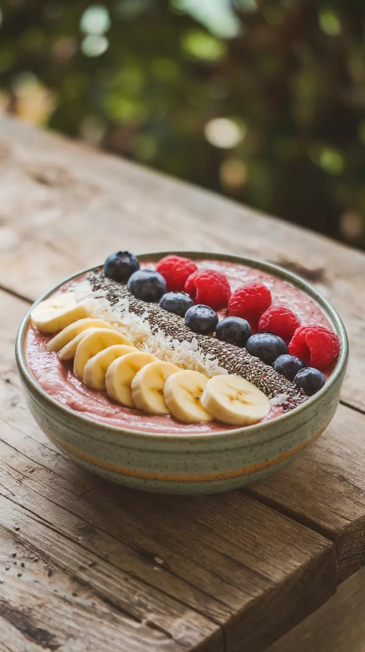 A colorful smoothie bowl topped with banana slices, mixed berries, chia seeds, and coconut flakes.