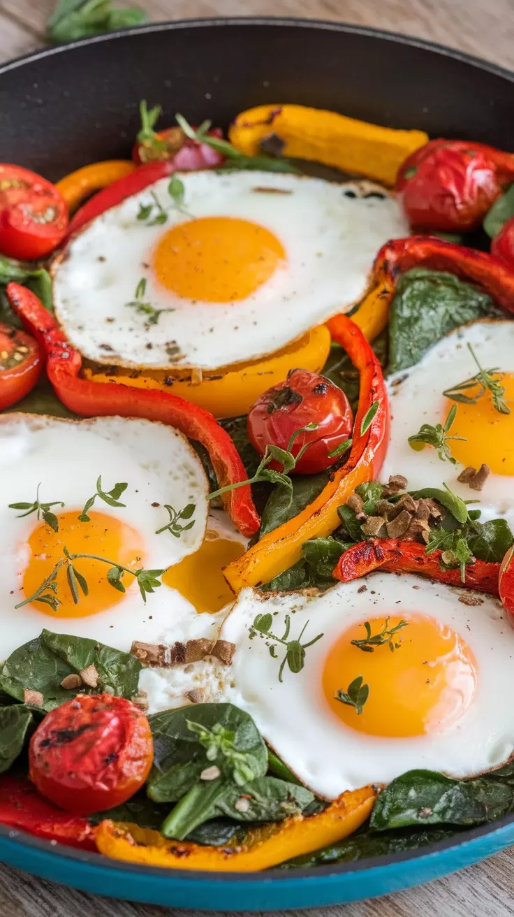 A colorful One-Pan Egg and Veggie Skillet with eggs, peppers, and spinach