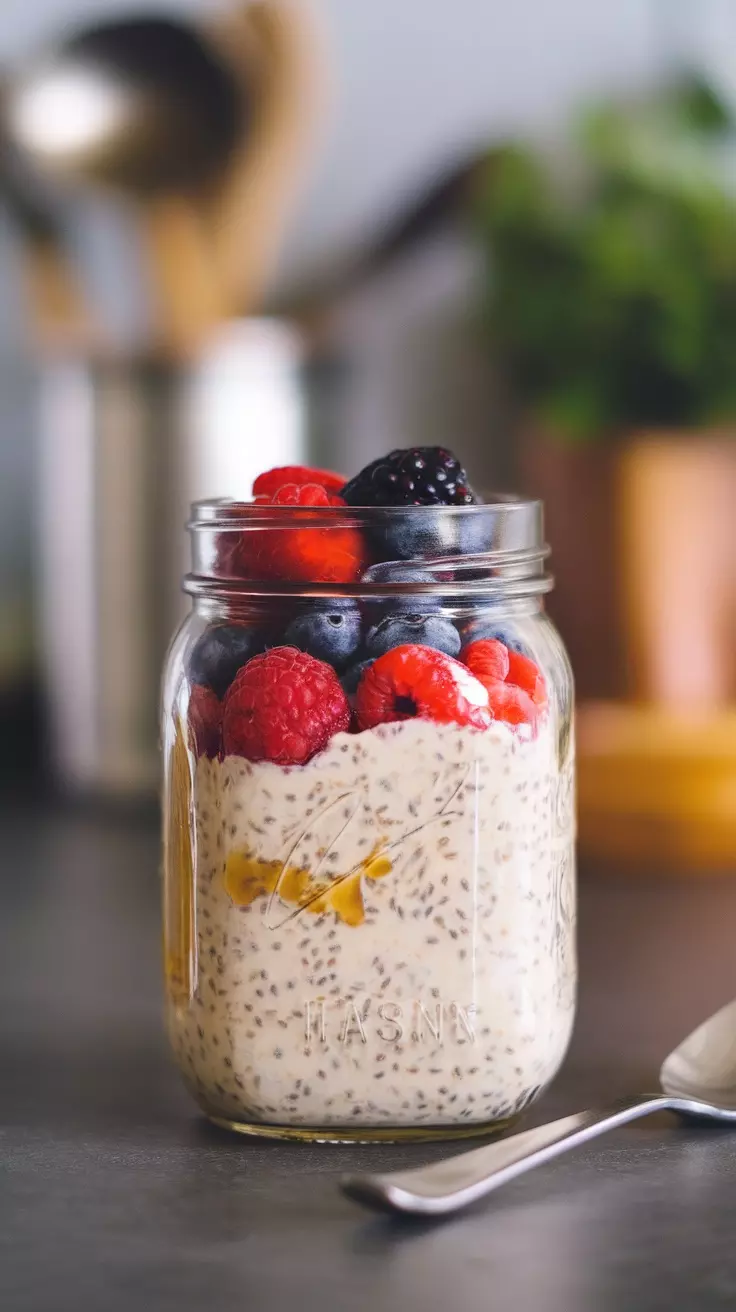 A jar of overnight oats topped with fresh berries.