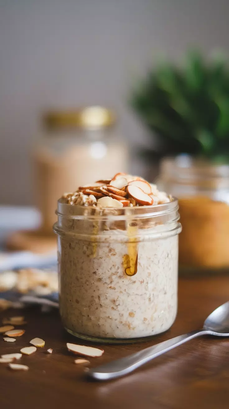 Overnight oats are super simple and tasty! Just mix rolled oats, almond milk, and a drizzle of honey, then top with sliced almonds. Leave it in the fridge overnight and enjoy a quick, healthy breakfast in the morning.