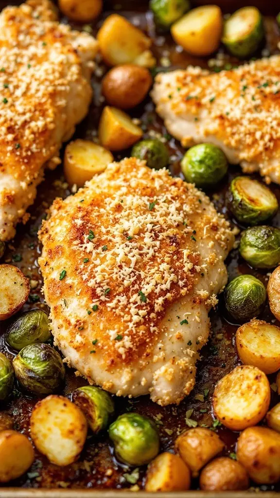 This delicious dish brings a crispy Parmesan crust to juicy chicken, perfectly paired with roasted Brussels sprouts and golden potatoes. It's simple to make and full of flavor, making it a family favorite. Check out the full recipe for this Parmesan Crusted Chicken with Vegetables!