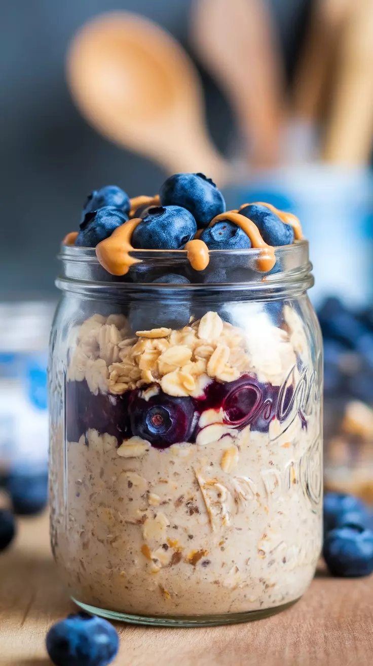 A jar of peanut butter blueberry overnight oats topped with fresh blueberries and peanut butter drizzle.