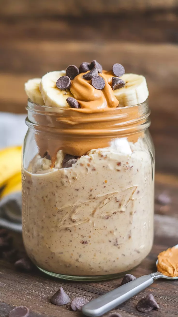 A jar of peanut butter overnight oats topped with banana slices and chocolate chips.